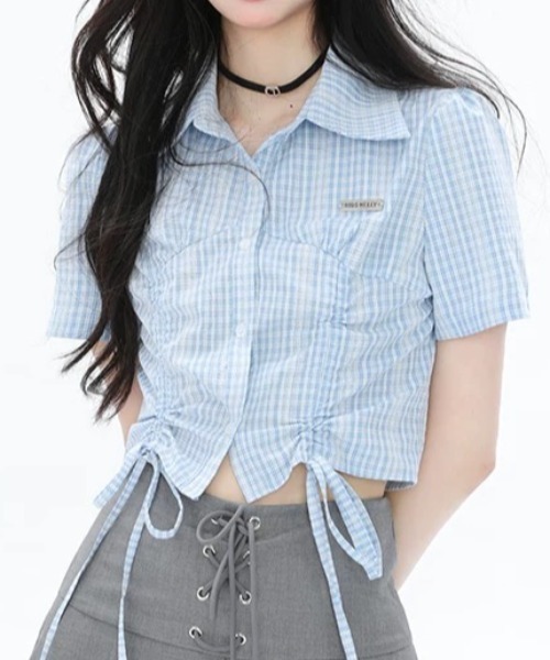 Sibra(シブラ)の「ドロストクロップドシャツ(シャツ/ブラウス・レディース・ホワイト×ブラック/ブルー/ホワイト/ネイビー・M)」の16枚目の写真