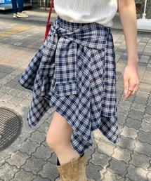 チェックシャツ巻き風ミニスカパン