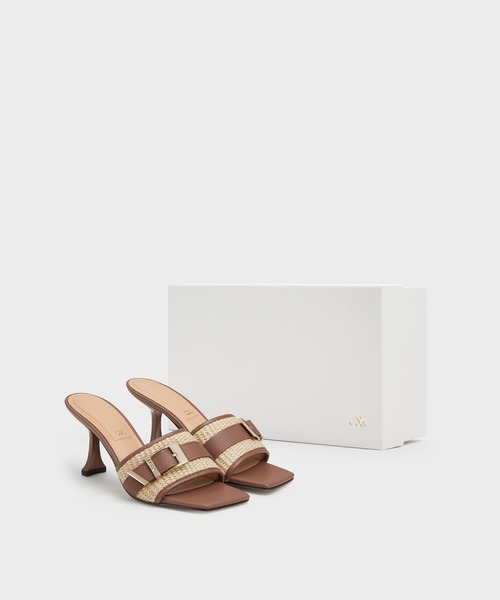 台湾 CHARLES&KEITH Whitney レザー＆ラフィアバックル ミュール Whitneyホイットニーラフィア&レザーバックルヒールミュール