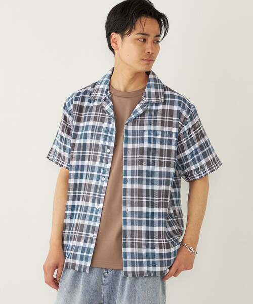 SHIPS Colors（シップス カラーズ）の「SHIPS Colors: 〈洗濯機可能〉 カラミ チェック オープンカラー シャツ（シャツ/ブラウス・メンズ・ベージュ/ネイビー/オフホワイト・MEDIUM/LARGE/X-LARGE）」の22枚目の写真