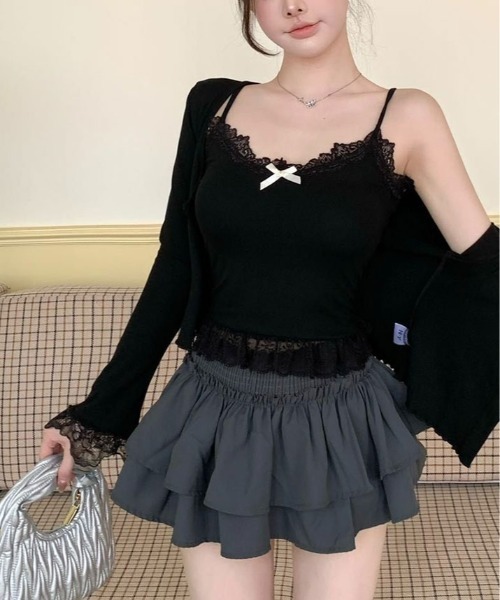 kirakiraShop(キラキラショップ)の「フロント リボン レース キャミシール(キャミソール・レディース・ホワイト/ブラウン/ブルー/ブラック・FREE)」の8枚目の写真