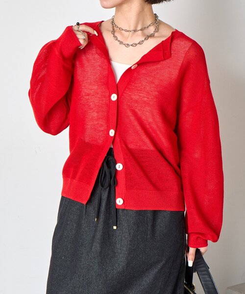 Jena espace merveilleux(ジェナ エスパスメルヴェイユ)の「クルーネック細ギマカーディガン(カーディガン/ボレロ・レディース・グレー/ブラウン/レッド・FREE)」の1枚目の写真