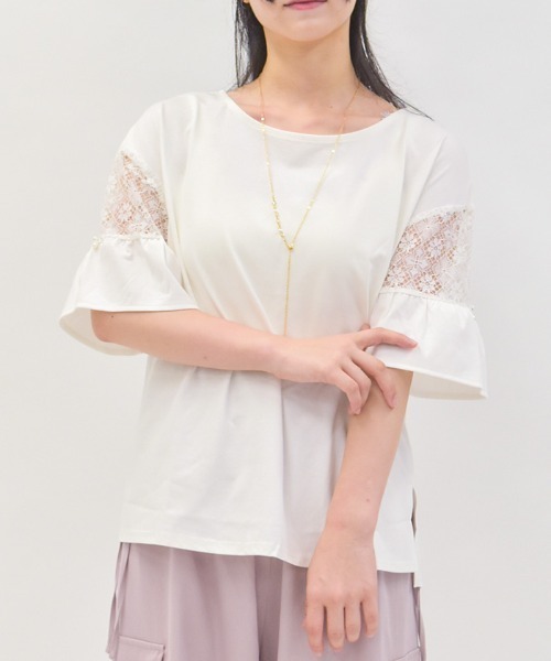 axes femme(アクシーズファム)の「接触冷感レース切替袖プルオーバー(Tシャツ/カットソー・レディース・ラベンダー/ホワイト/ブラック/ブルーグリーン・FREE)」の1枚目の写真