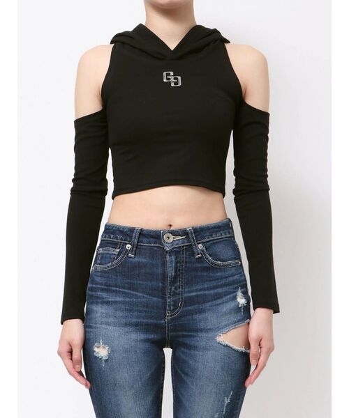GYDA(ジェイダ)の「GGフードショルダーオープンデザインショートトップス(Tシャツ/カットソー・レディース・オフホワイト/グレー/ブラック・FREE)」の8枚目の写真