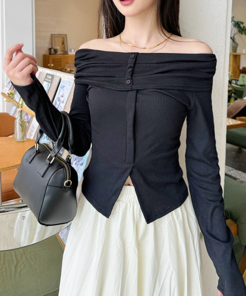Ada.(エイダ)の「オフショル 長袖 ボタンデザイン トップス(Tシャツ/カットソー・レディース・ベージュ系その他/ホワイト/ブラック×ホワイト/ブラック・FREE)」の14枚目の写真