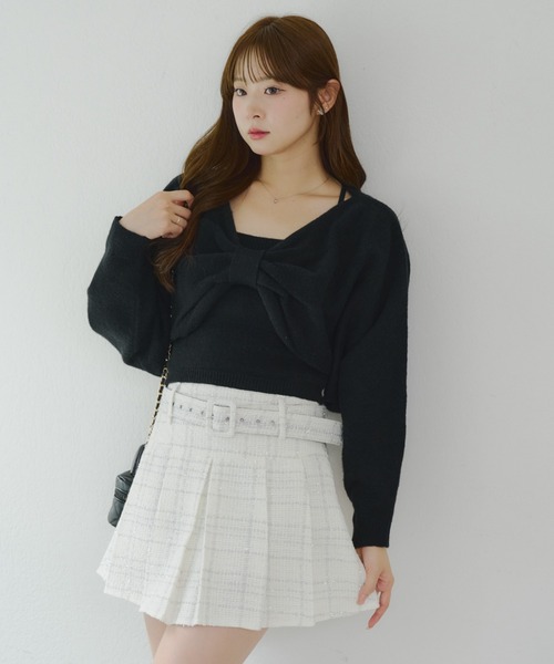pium リボンニット×ギンガムキャミセット リボン半袖ニット×ギンガムキャミセット – pium