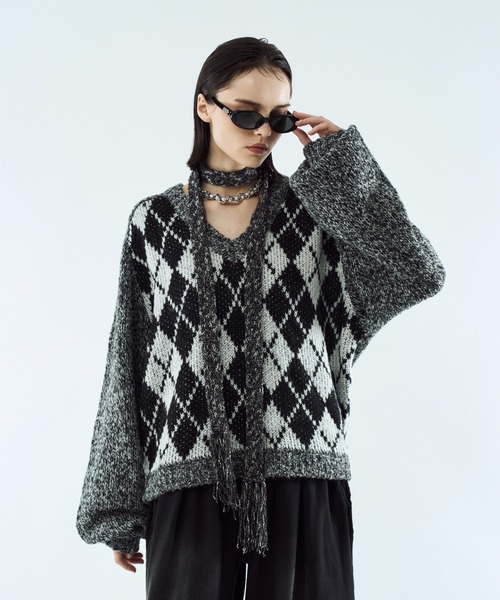 seyto（セイト）の「Argyle melange V-neck knit / アーガイルメランジVネックニット（ニット/セーター・メンズ・ブラック/イエロー・3/2）」の4枚目の写真