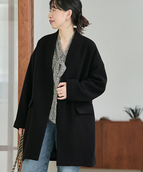 journal standard L'essage（ジャーナルスタンダードレサージュ）の「《追加》SUPER140S/GIOLICA コクーンコート（ノーカラーコート・レディース・ネイビー/ブラック/ブラックミックス・38/36）」の8枚目の写真