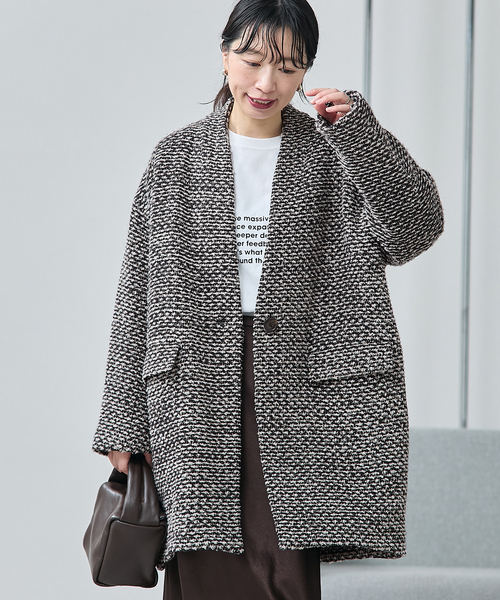 journal standard L'essage（ジャーナルスタンダードレサージュ）の「《追加》SUPER140S/GIOLICA コクーンコート（ノーカラーコート・レディース・ネイビー/ブラック/ブラックミックス・38/36）」の21枚目の写真