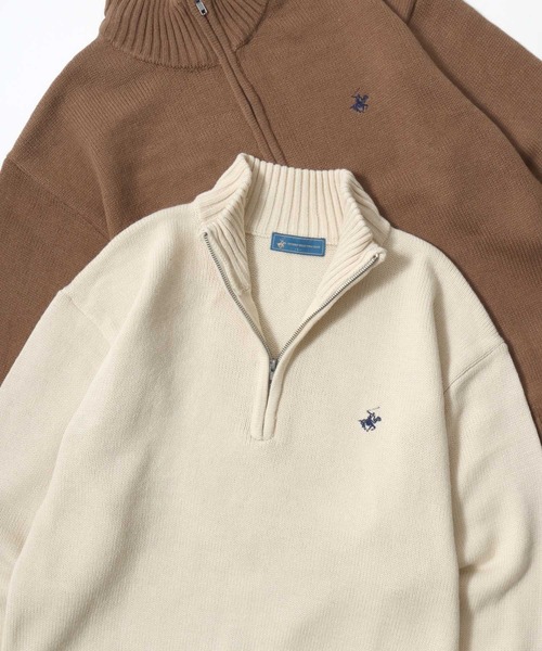 BEVERLY HILLS POLO CLUB(ビバリーヒルズポロクラブ)の「BEVERLY HILLS POLO CLUB/ビバリーヒルズポロクラブ オーバーサイズ ニット ロゴ ワンポイント刺繍 ハーフジップ セーター/レディース メンズ(ニット/セーター・レディース・ブラウン/ブルー系その他/ブルーグリーン/ブラック/アイボリー/ブラック系その他・LL/L/M)」の1枚目の写真