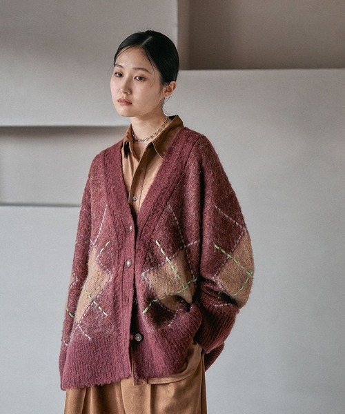 セール】7ゲージモヘヤ混アーガイルカーディガン 591318（カーディガン