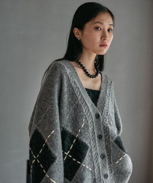 Barbour アーガイル カーディガン グレー セール】7ゲージモヘヤ混アーガイルカーディガン 591318（カーディガン