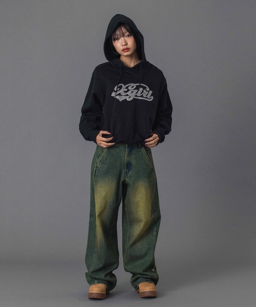 X-girl（エックスガール）の「RHINESTONE CURSIVE LOGO SWEAT HOODIE（パーカー・レディース・アッシュ/ブラック/パープル・S/M/L）」の9枚目の写真
