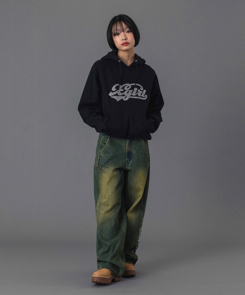 X-girl（エックスガール）の「RHINESTONE CURSIVE LOGO SWEAT HOODIE（パーカー・レディース・アッシュ/ブラック/パープル・S/M/L）」の10枚目の写真