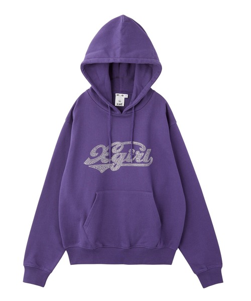 X-girl（エックスガール）の「RHINESTONE CURSIVE LOGO SWEAT HOODIE（パーカー・レディース・アッシュ/ブラック/パープル・S/M/L）」の12枚目の写真