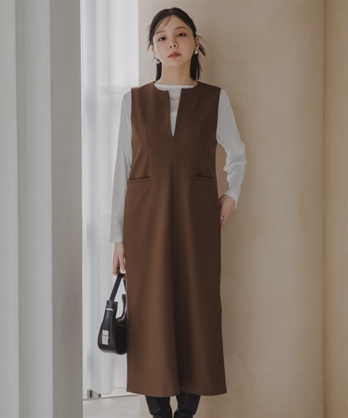 Petitjo(プッチージョ)の「小さいサイズ キーネックジャンパースカート 低身長さん・小柄女性(ワンピース・レディース・ブラウン/チャコールグレー・PSS/PS/PM/PL)」の1枚目の写真