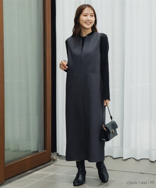 Petitjo(プッチージョ)の「小さいサイズ キーネックジャンパースカート 低身長さん・小柄女性(ワンピース・レディース・ブラウン/チャコールグレー・PSS/PS/PM/PL)」の2枚目の写真