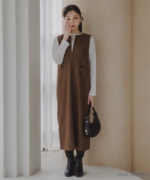 Petitjo(プッチージョ)の「小さいサイズ キーネックジャンパースカート 低身長さん・小柄女性(ワンピース・レディース・ブラウン/チャコールグレー・PSS/PS/PM/PL)」の3枚目の写真