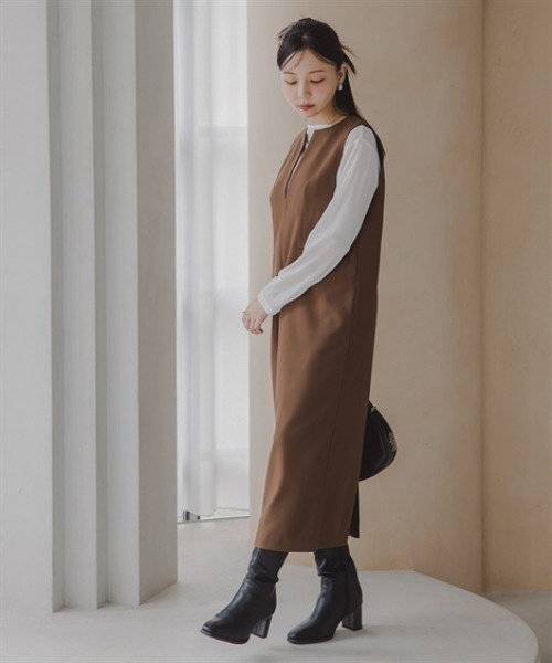 Petitjo(プッチージョ)の「小さいサイズ キーネックジャンパースカート 低身長さん・小柄女性(ワンピース・レディース・ブラウン/チャコールグレー・PSS/PS/PM/PL)」の4枚目の写真