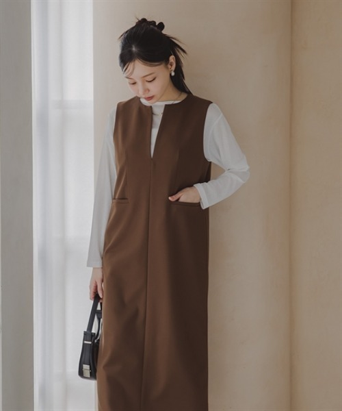 Petitjo(プッチージョ)の「小さいサイズ キーネックジャンパースカート 低身長さん・小柄女性(ワンピース・レディース・ブラウン/チャコールグレー・PSS/PS/PM/PL)」の5枚目の写真