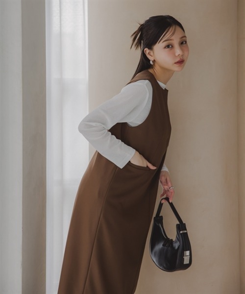 Petitjo(プッチージョ)の「小さいサイズ キーネックジャンパースカート 低身長さん・小柄女性(ワンピース・レディース・ブラウン/チャコールグレー・PSS/PS/PM/PL)」の6枚目の写真