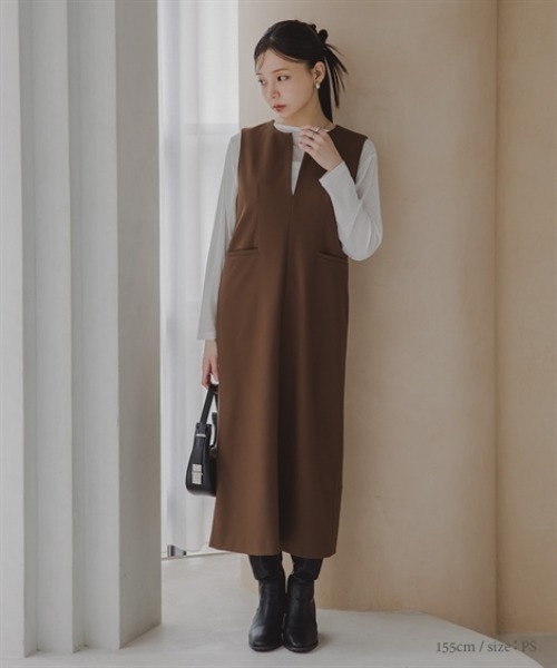 Petitjo(プッチージョ)の「小さいサイズ キーネックジャンパースカート 低身長さん・小柄女性(ワンピース・レディース・ブラウン/チャコールグレー・PSS/PS/PM/PL)」の8枚目の写真