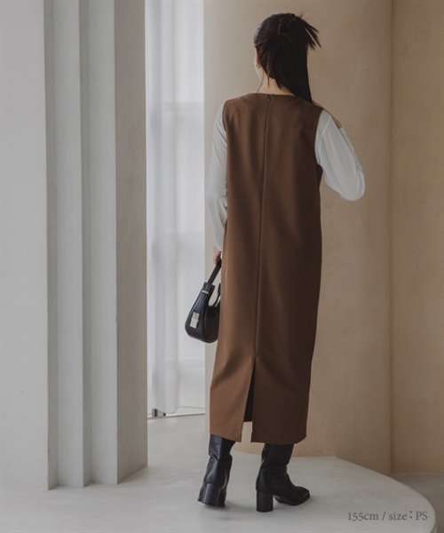 Petitjo(プッチージョ)の「小さいサイズ キーネックジャンパースカート 低身長さん・小柄女性(ワンピース・レディース・ブラウン/チャコールグレー・PSS/PS/PM/PL)」の9枚目の写真