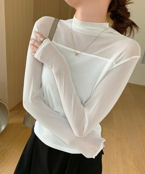 Ritzy(リッツィー)の「レースメッシュ ハーフネック ダブルメッシュシアートップス(Tシャツ/カットソー・レディース・ホワイト/ブラック・M/L)」の1枚目の写真