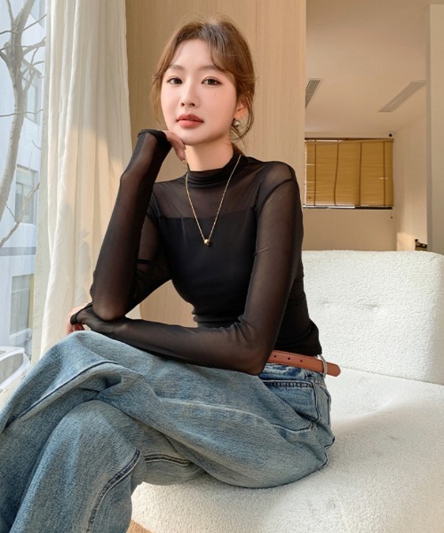 Ritzy(リッツィー)の「レースメッシュ ハーフネック ダブルメッシュシアートップス(Tシャツ/カットソー・レディース・ホワイト/ブラック・M/L)」の2枚目の写真