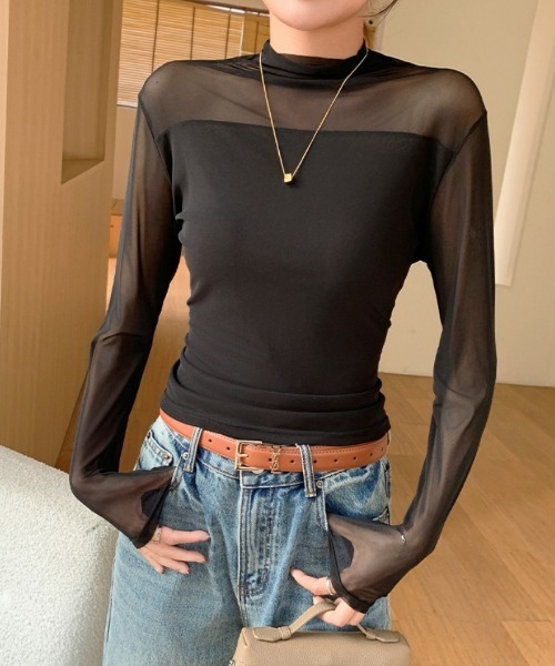 Ritzy(リッツィー)の「レースメッシュ ハーフネック ダブルメッシュシアートップス(Tシャツ/カットソー・レディース・ホワイト/ブラック・M/L)」の5枚目の写真