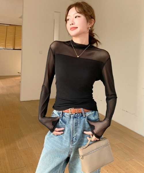 Ritzy(リッツィー)の「レースメッシュ ハーフネック ダブルメッシュシアートップス(Tシャツ/カットソー・レディース・ホワイト/ブラック・M/L)」の8枚目の写真