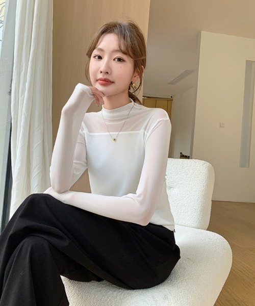 Ritzy(リッツィー)の「レースメッシュ ハーフネック ダブルメッシュシアートップス(Tシャツ/カットソー・レディース・ホワイト/ブラック・M/L)」の12枚目の写真