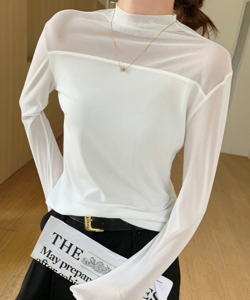 Ritzy(リッツィー)の「レースメッシュ ハーフネック ダブルメッシュシアートップス(Tシャツ/カットソー・レディース・ホワイト/ブラック・M/L)」の13枚目の写真