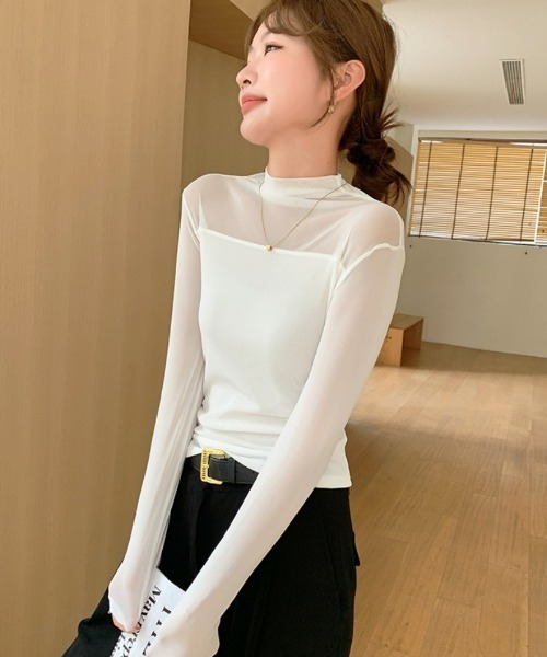 Ritzy(リッツィー)の「レースメッシュ ハーフネック ダブルメッシュシアートップス(Tシャツ/カットソー・レディース・ホワイト/ブラック・M/L)」の16枚目の写真