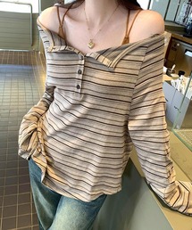 MEMECLE（メメクル）の「【 MEMECLE / メメクル 】マルチボーダー ヘンリーネック オフショルロンT（Tシャツ/カットソー・レディース）」