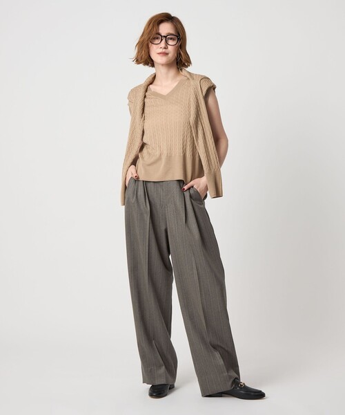 conte＞ストライプ ヘリンボーン タック ワイドパンツ