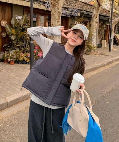 セール】コーデュロイ ノーカラー エコダウンベスト（ダウンベスト