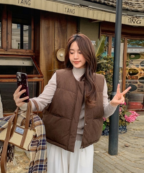 セール】コーデュロイ ノーカラー エコダウンベスト（ダウンベスト