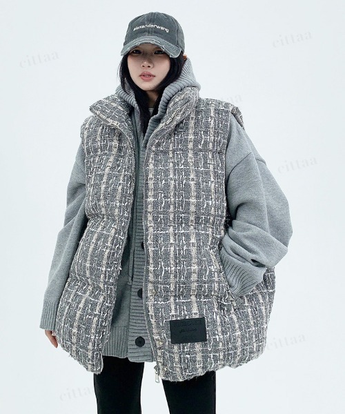 韓国ファッション ツイードチェック中綿ベスト（ダウンベスト