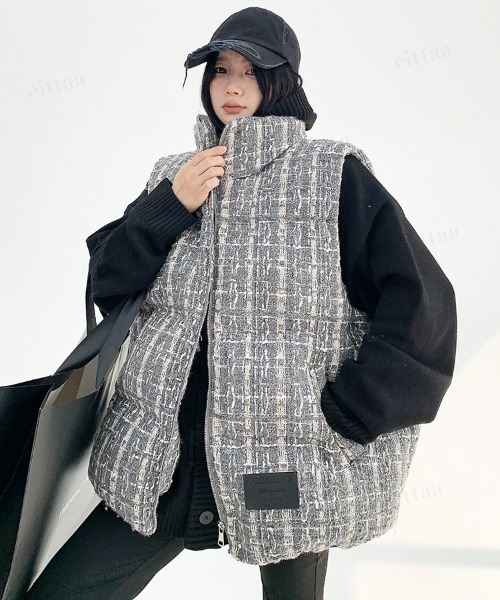 韓国ファッション ツイードチェック中綿ベスト（ダウンベスト