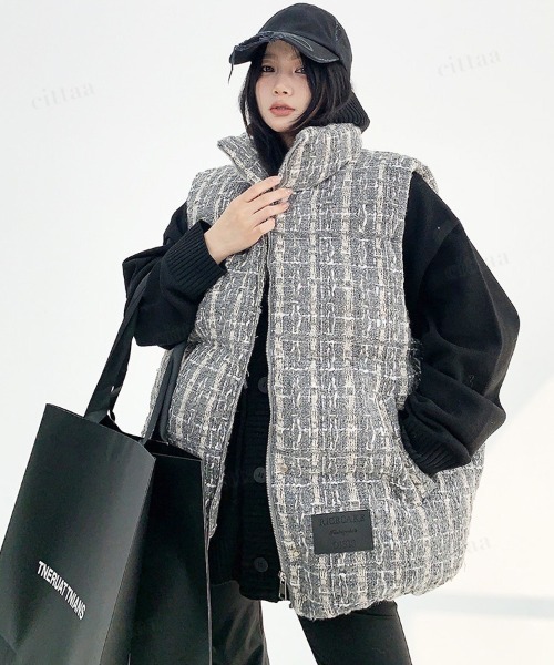韓国ファッション ツイードチェック中綿ベスト（ダウンベスト