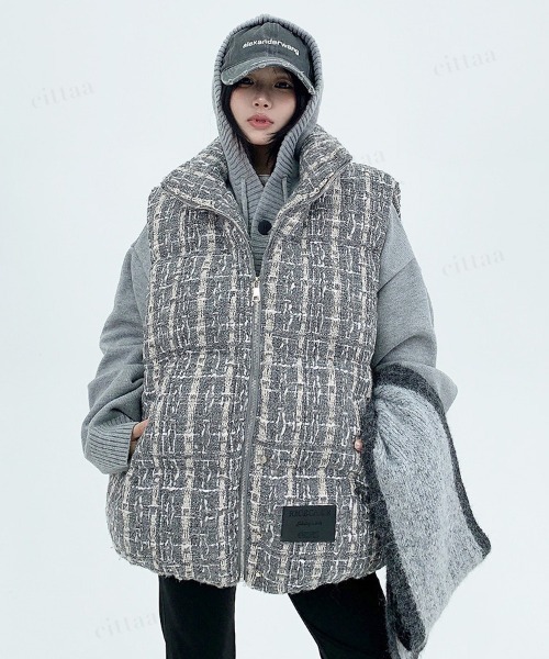 韓国ファッション ツイードチェック中綿ベスト（ダウンベスト