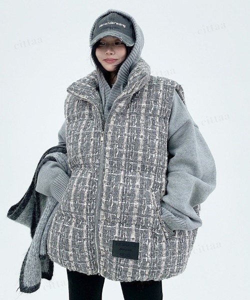 韓国ファッション ツイードチェック中綿ベスト（ダウンベスト