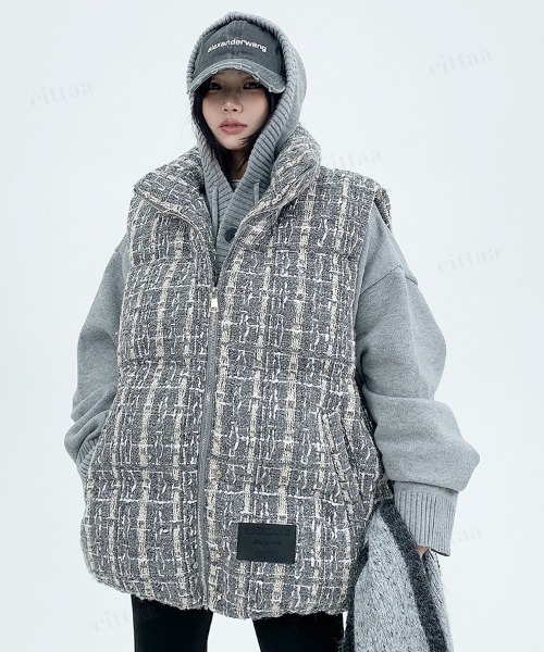 韓国ファッション ツイードチェック中綿ベスト（ダウンベスト