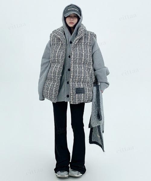 韓国ファッション ツイードチェック中綿ベスト（ダウンベスト