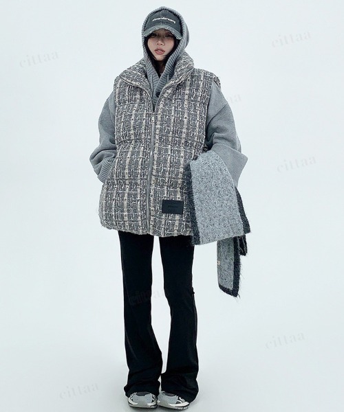 韓国ファッション ツイードチェック中綿ベスト（ダウンベスト