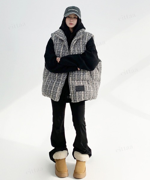 韓国ファッション ツイードチェック中綿ベスト（ダウンベスト
