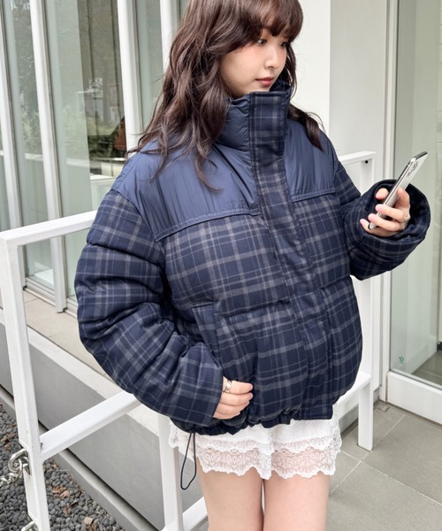 セール】チェック切り替えダウンジャケット（ダウンジャケット/コート