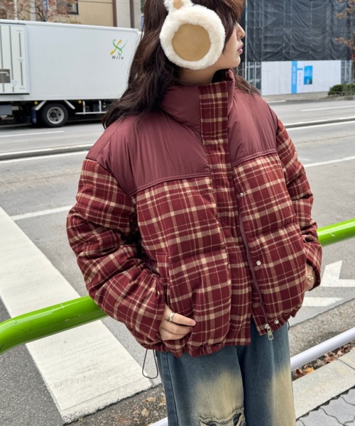SOLLON.(ソルロン)の「チェック切り替えダウンジャケット(ダウンジャケット/コート・レディース・バーガンディー/ブラウン/ネイビー/ブラック・FREE)」の4枚目の写真