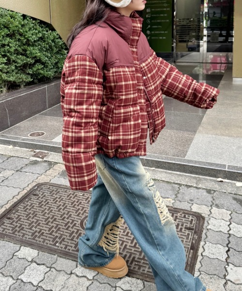 セール】チェック切り替えダウンジャケット（ダウンジャケット/コート